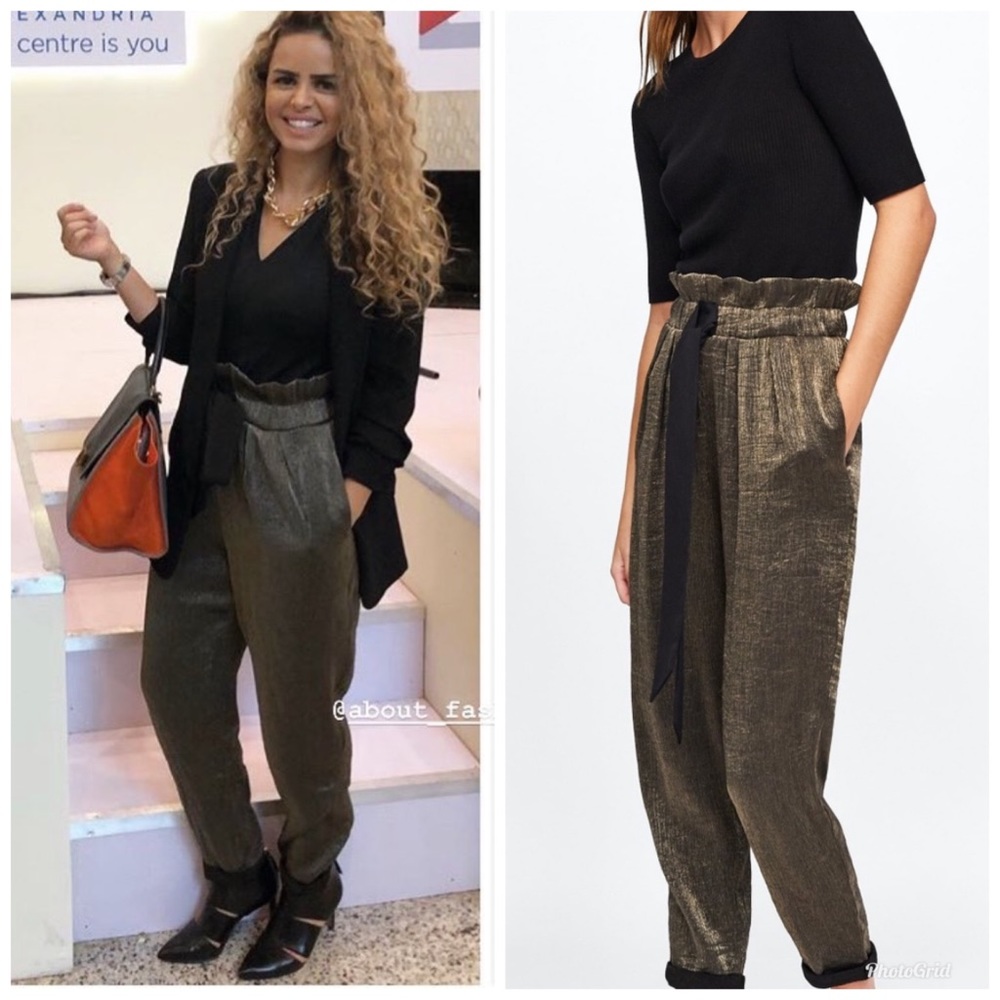 ZARA Gold Pants With Black Tie